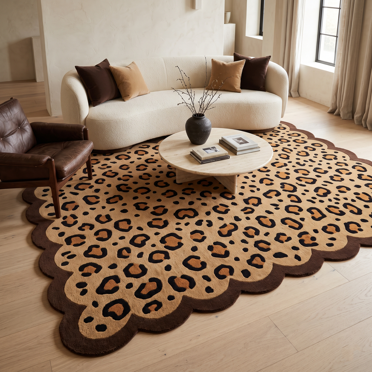 Scalloped Leopard Rug in plush tan wool with black and caramel spots and a dark brown wavy border