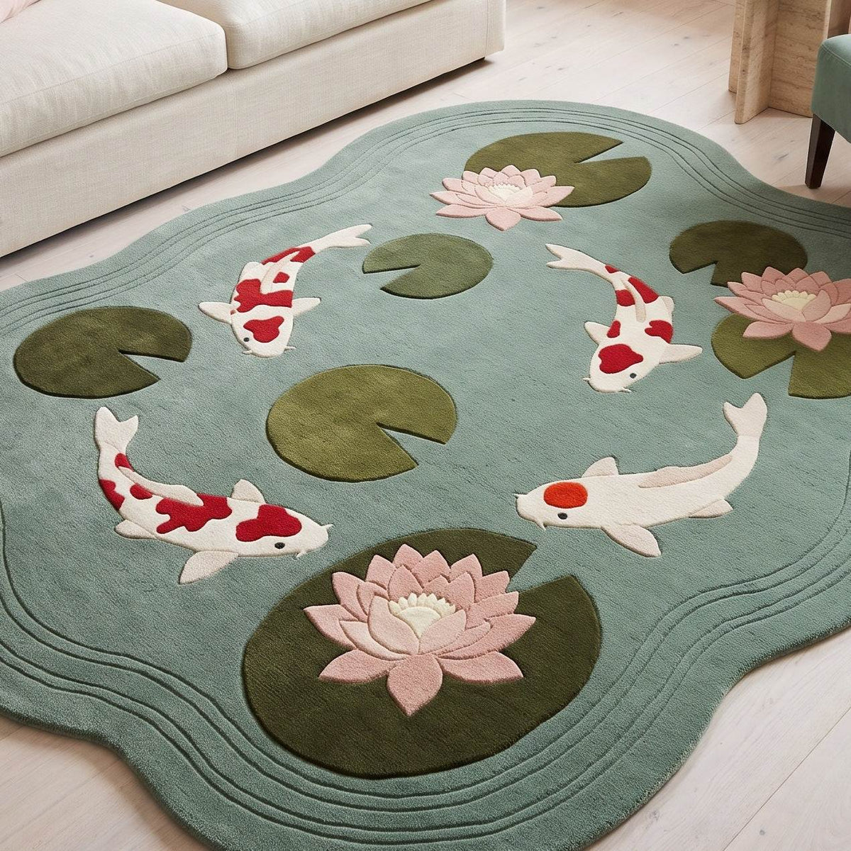 Seafoam Koi Fish Rug in tufted wool with four white and red koi, olive lily pads, blush pink water lilies and carved ripples