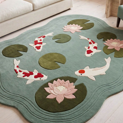 Seafoam Koi Fish Rug in tufted wool with four white and red koi, olive lily pads, blush pink water lilies and carved ripples