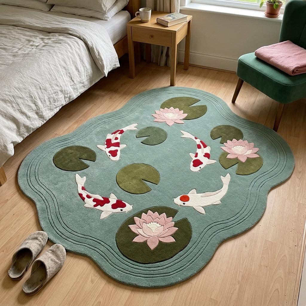 Seafoam Koi Fish Rug in wool, featuring four white and red koi, olive lily pads, blush-pink water lilies and carved ripples