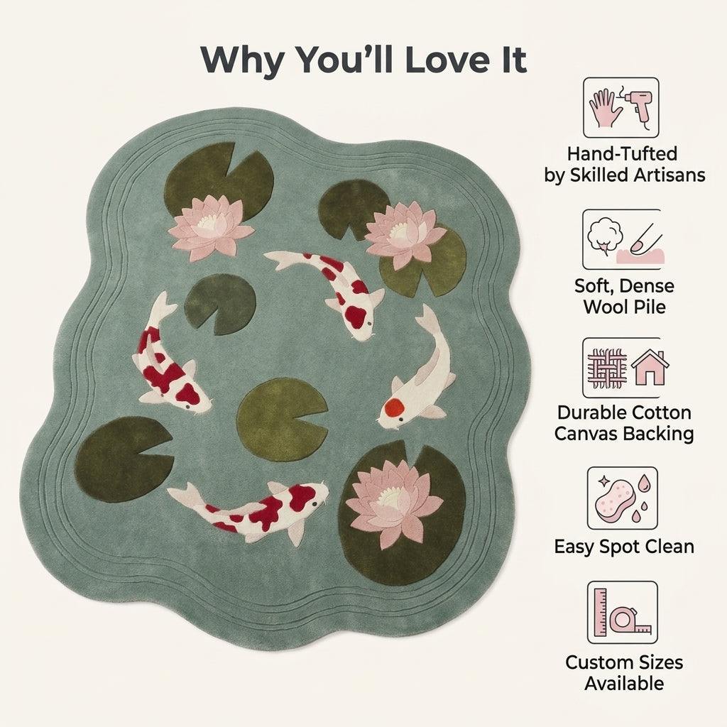 Seafoam Koi Fish Rug in soft seafoam wool with four white and red koi, olive lily pads, blush water lilies and carved ripples