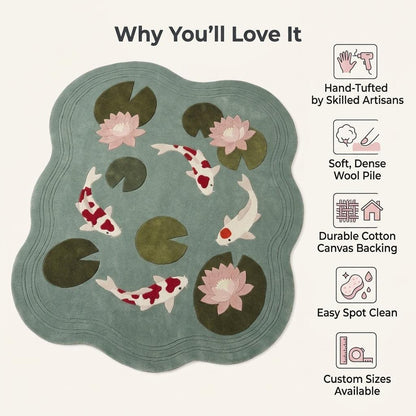 Seafoam Koi Fish Rug in soft seafoam wool with four white and red koi, olive lily pads, blush water lilies and carved ripples