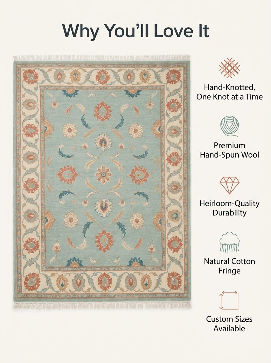 Seafoam Oushak Rug in hand-knotted wool, with coral, teal and ivory floral palmettes, a wide ivory border and cotton fringe
