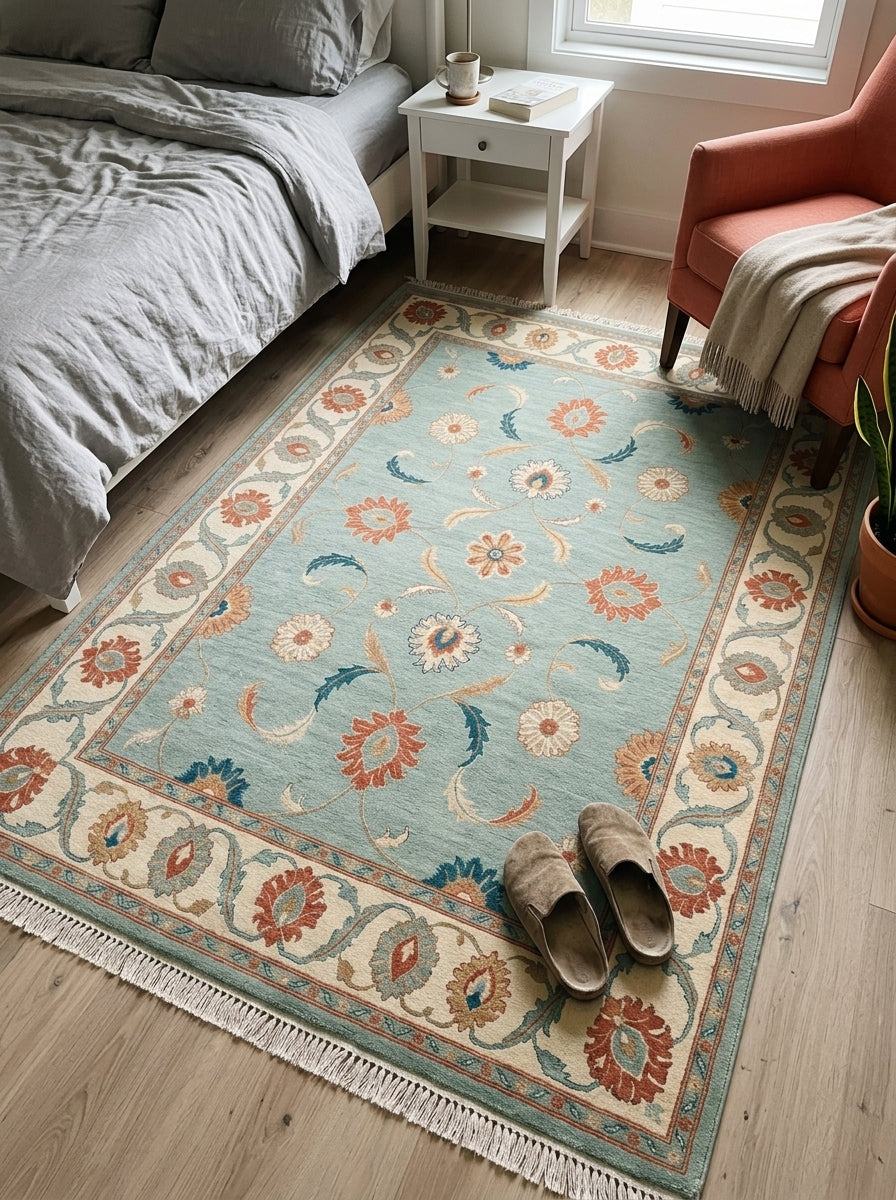 Seafoam Oushak Rug with a pale aqua field, coral and ivory floral motifs, a wide patterned border, and fringe