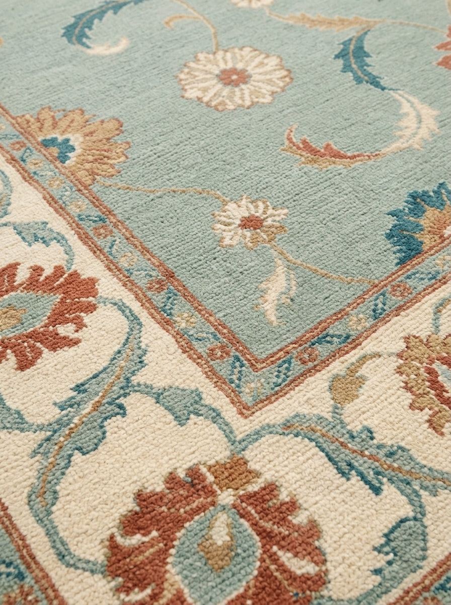 Seafoam Oushak Rug in wool with coral, teal and ivory floral motifs, a wide ivory border and textured pile