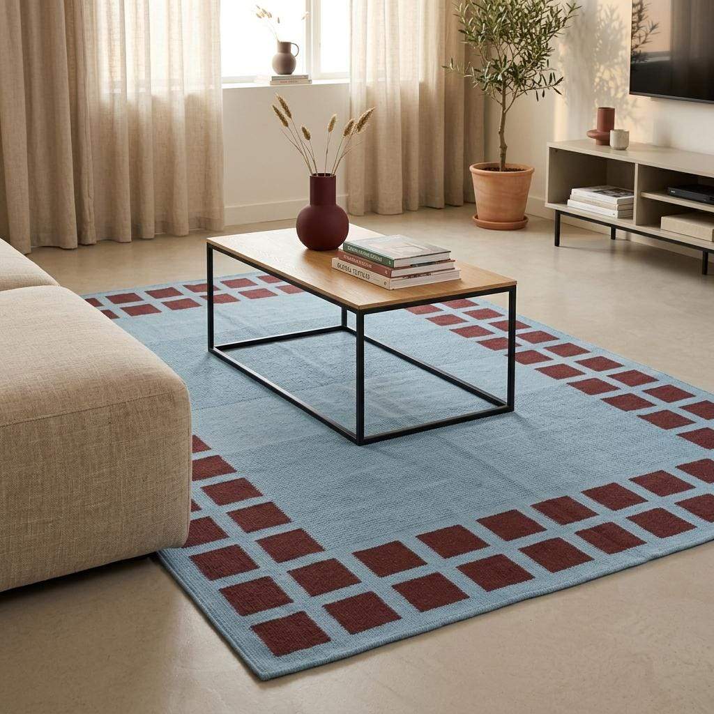 Handwoven sky blue dhurrie rug with maroon border flatweave wool living room rug