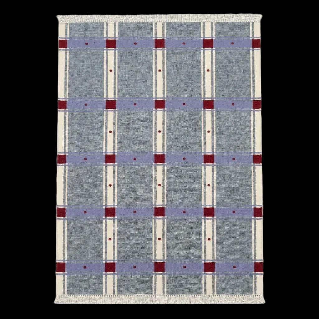 Slate blue plaid wool dhurrie rug with red check pattern, handwoven flatweave design
