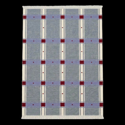 Slate blue plaid wool dhurrie rug with red check pattern, handwoven flatweave design