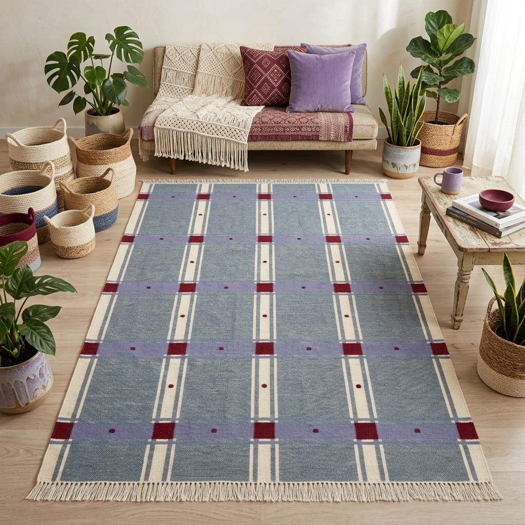 Slate blue plaid wool dhurrie flatweave area rug with red check design