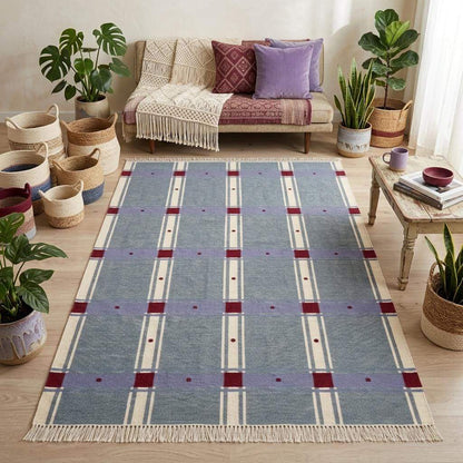 Slate blue plaid wool dhurrie flatweave area rug with red check design
