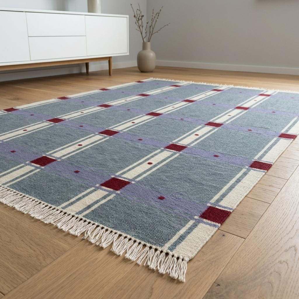 Slate blue plaid wool dhurrie rug with red check design flatweave reversible handwoven