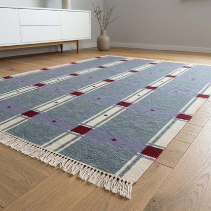 Slate blue plaid wool dhurrie rug with red check design flatweave reversible handwoven