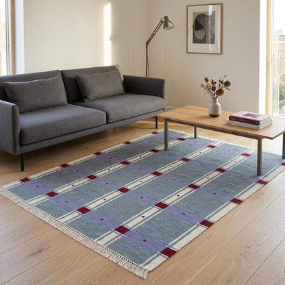 Slate blue plaid wool dhurrie rug with red check handwoven flatweave design