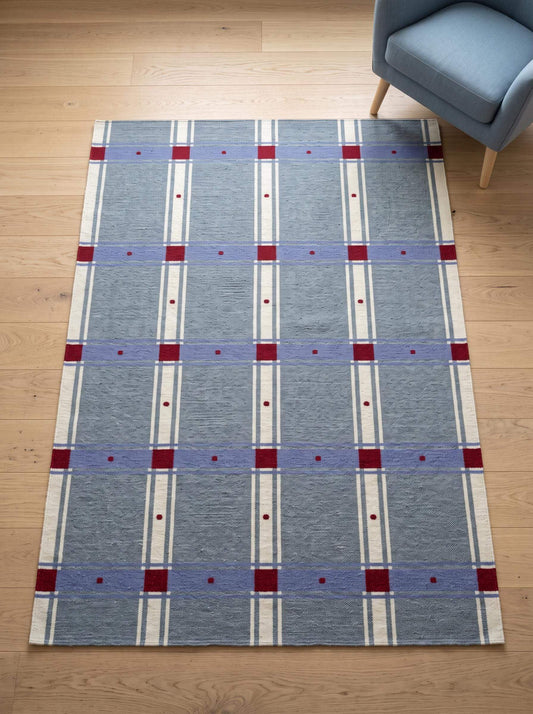 Slate blue plaid wool dhurrie rug with red check handwoven flatweave design
