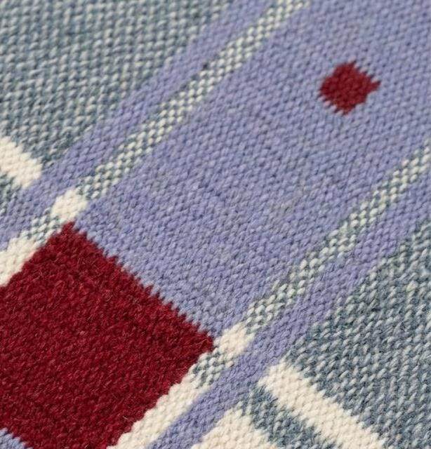 Slate blue plaid wool dhurrie rug with red check handwoven flatweave design