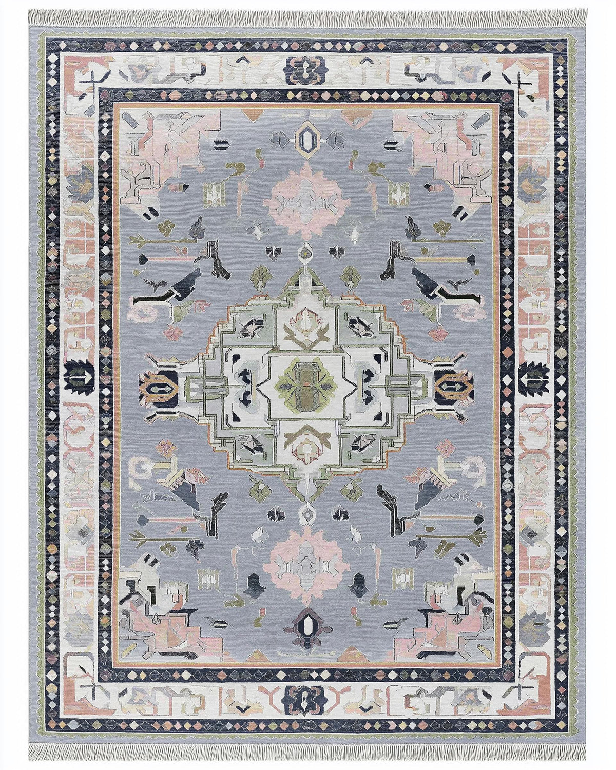 Soft Gray Oushak Rug with pastel geometric medallion and hand-tufted wool texture
