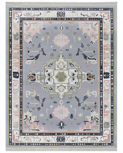 Soft Gray Oushak Rug with pastel geometric medallion and hand-tufted wool texture