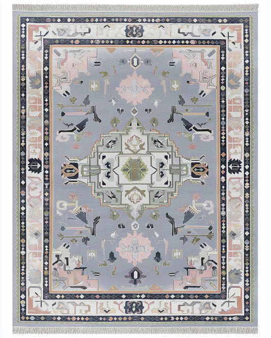 Soft Gray Oushak Rug with pastel geometric medallion and hand-tufted wool texture
