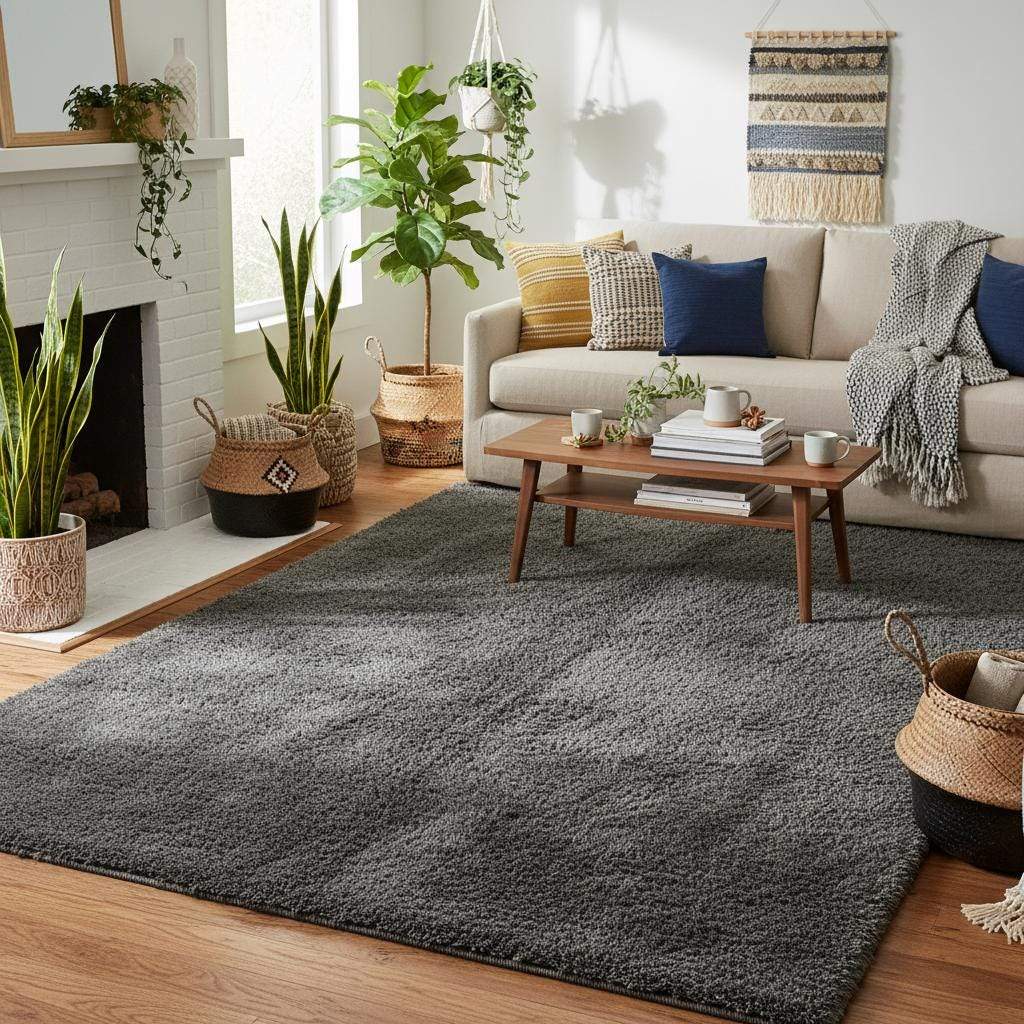 Soft plush grey rug with dense, smooth pile in modern rectangular shape for stylish living spaces
