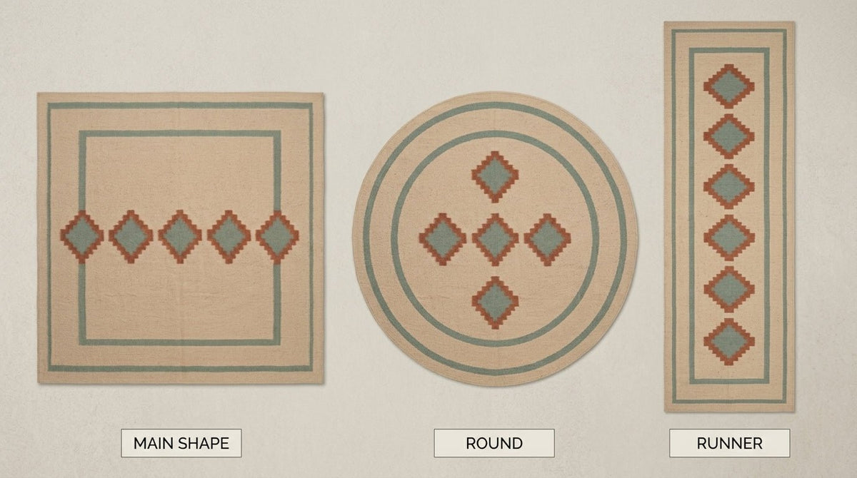 Southwestern Flatweave Wool Rug in beige with sage green borders and terracotta stepped diamonds in rectangular, round and runner shapes.