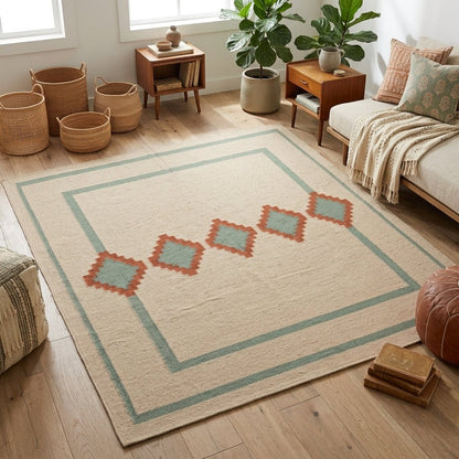 Southwestern Flatweave Wool Rug with a beige textured field, sage green double border, and terracotta stepped diamonds with sage centres.
