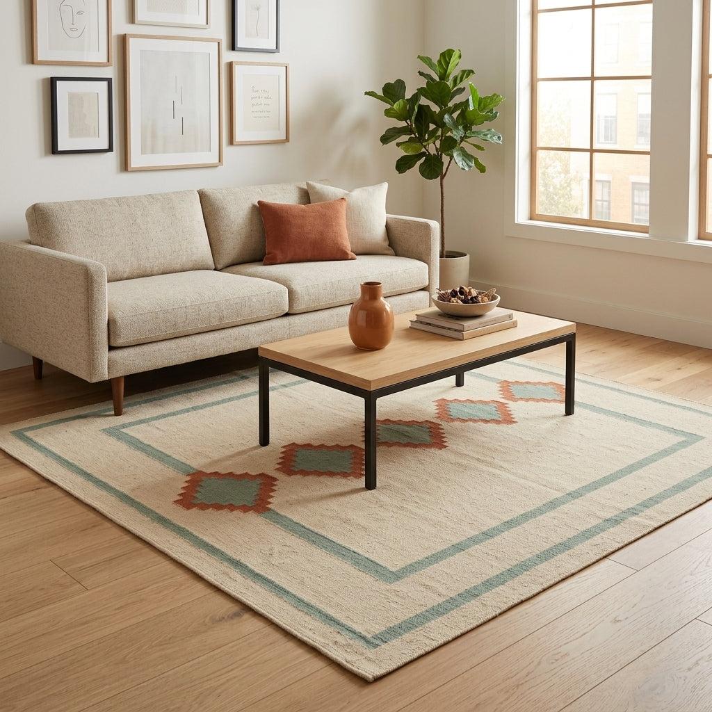 Southwestern Flatweave Wool Rug in beige with sage green borders and terracotta stepped diamond motifs in a low-profile weave.