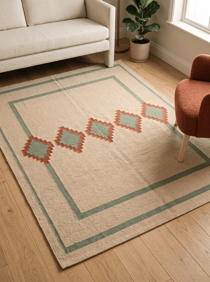 Southwestern Flatweave Wool Rug in natural beige wool with sage green borders and terracotta stepped diamonds with sage centres