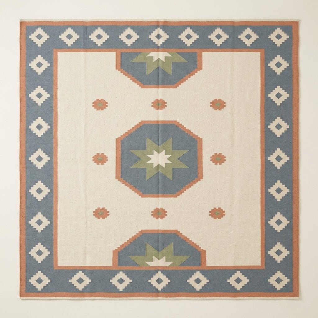 Flatweave wool rug, Southwestern Flatweave Wool Rug in ivory, dusty blue, peach and sage with star medallions and diamond border.