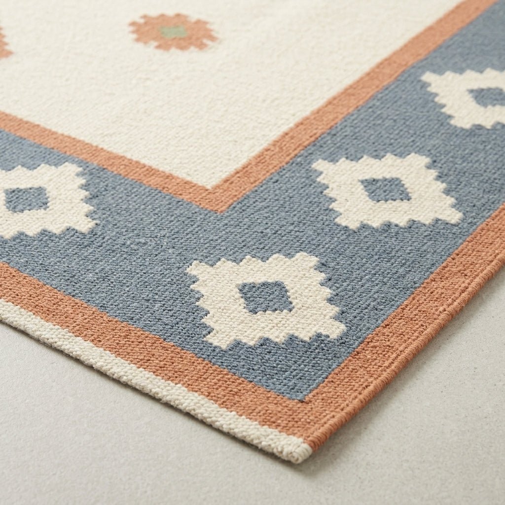Southwestern Flatweave Wool Rug in dusty blue, ivory and peach, with stepped geometric motifs and a flatwoven texture.