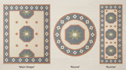 Southwestern Flatweave Wool Rug in ivory, dusty blue, peach and sage, with star medallions and stepped diamond border.