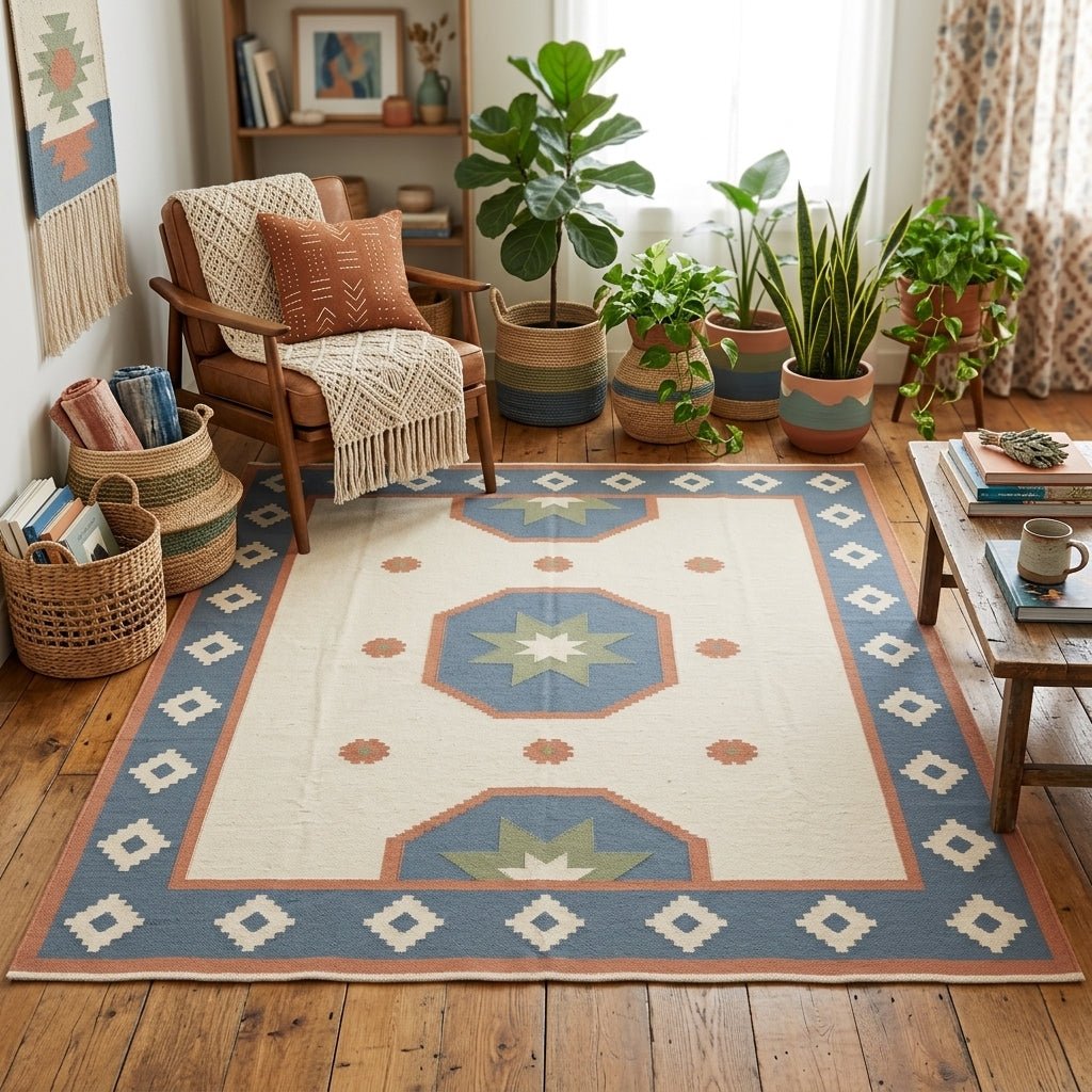 Southwestern Flatweave Wool Rug in ivory with dusty blue, peach and sage star medallions and a stepped diamond border.