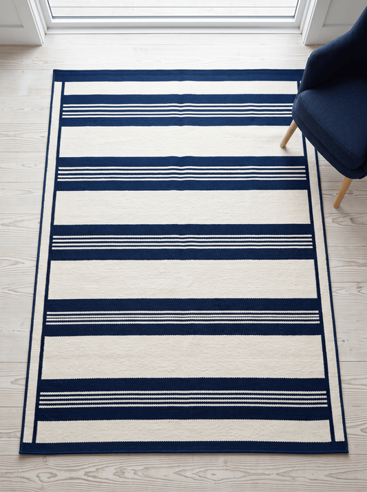Southwestern Flatweave Wool Rug in ivory with bold navy bands, fine pinstripes, and a slim bordered edge