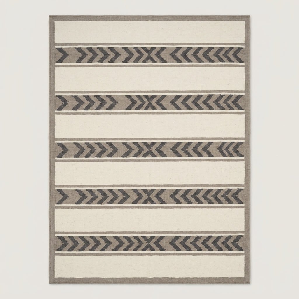 Southwestern Flatweave Wool Rug with ivory bands, taupe borders and charcoal chevron stripes in a flatwoven design.