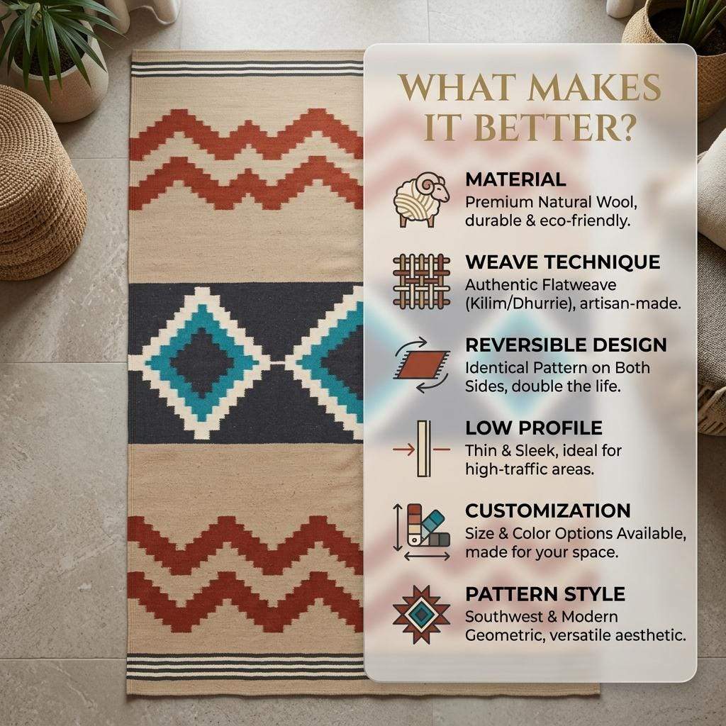 Southwestern flatweave wool rug with terracotta, turquoise, and geometric diamond patterns in living room decor