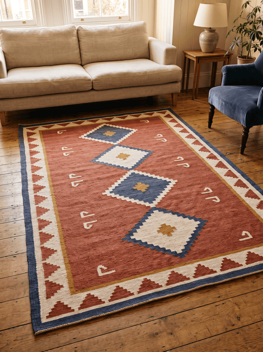 Southwestern Flatweave Wool Rug in rust red with stepped navy and ivory diamonds, mustard accents, and a triangle border