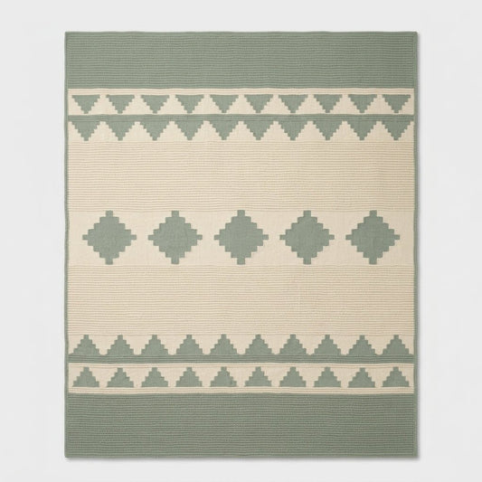 Southwestern Flatweave Wool Rug in sage green and cream, with ribbed texture, stepped triangles and diamond bands.