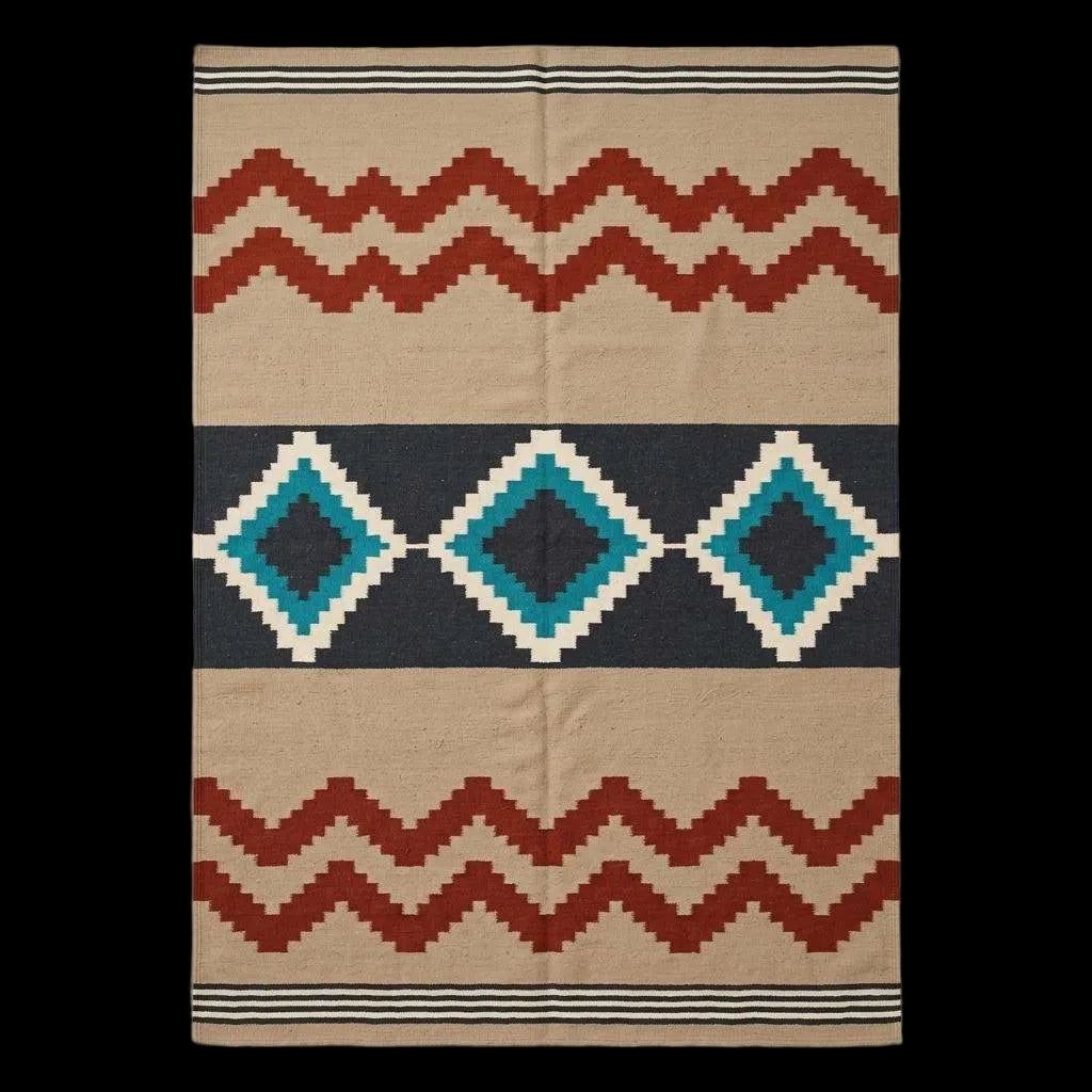 Southwestern flatweave wool rug with terracotta, turquoise, and geometric diamond design in living room setting