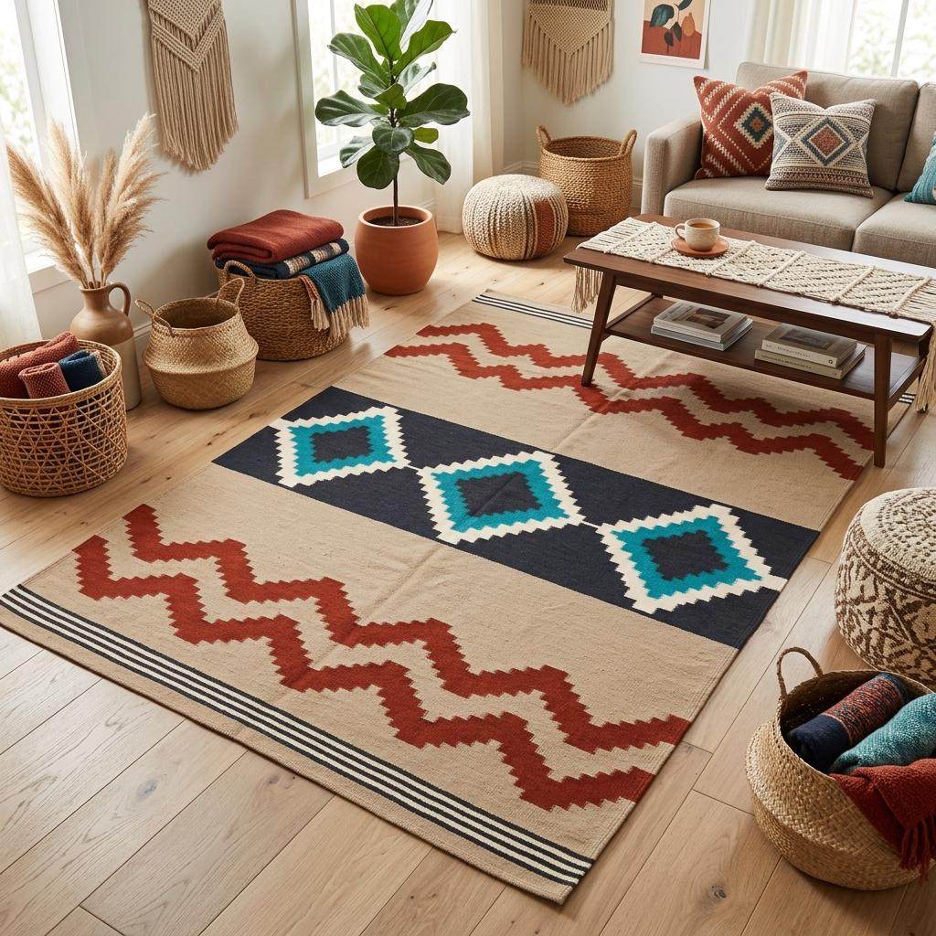 Southwestern flatweave wool rug with terracotta, turquoise, and geometric diamond patterns for living room decor