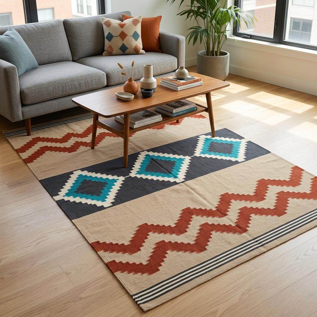 Southwestern flatweave wool rug with terracotta, turquoise, and geometric diamond patterns in a living room setting