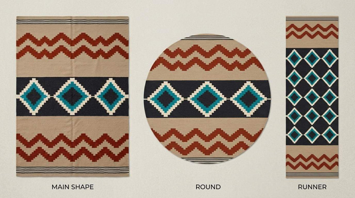 Southwestern flatweave wool rug with terracotta, turquoise, and geometric diamond patterns for living room decor