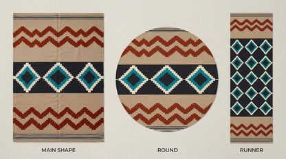 Southwestern flatweave wool rug with terracotta, turquoise, and geometric diamond patterns for living room decor