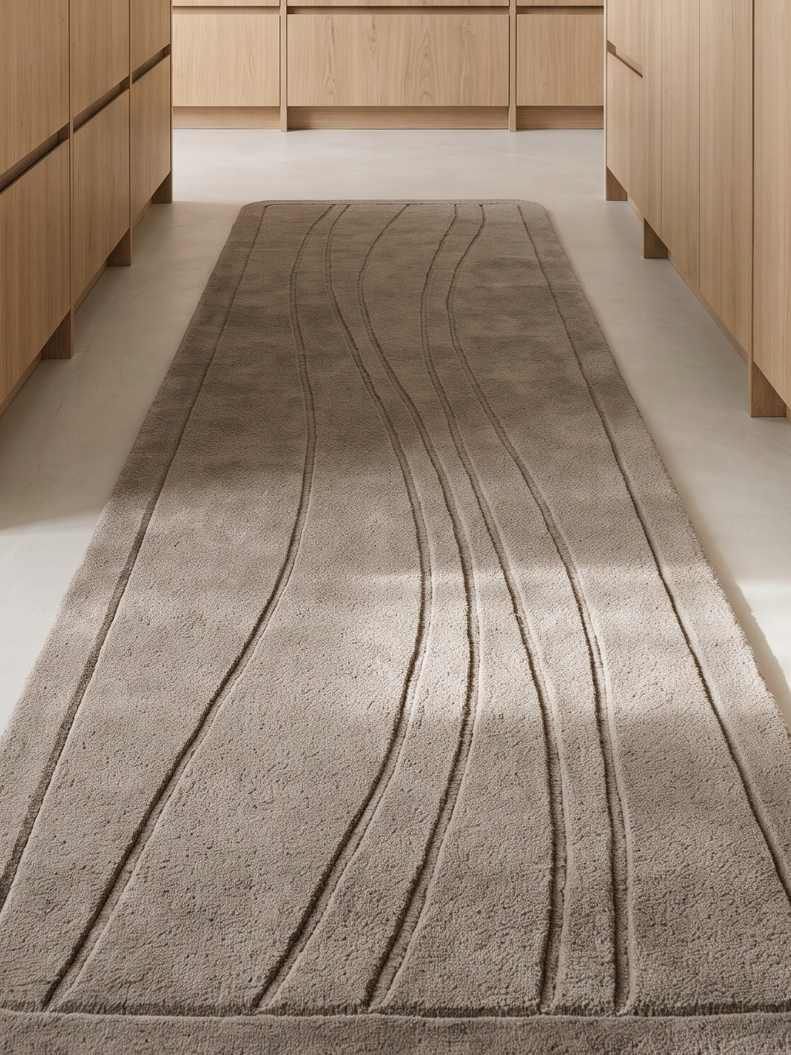 Taupe Wavy Line Runner Rug with a soft wool pile, carved flowing lines, and a subtle tone-on-tone design.