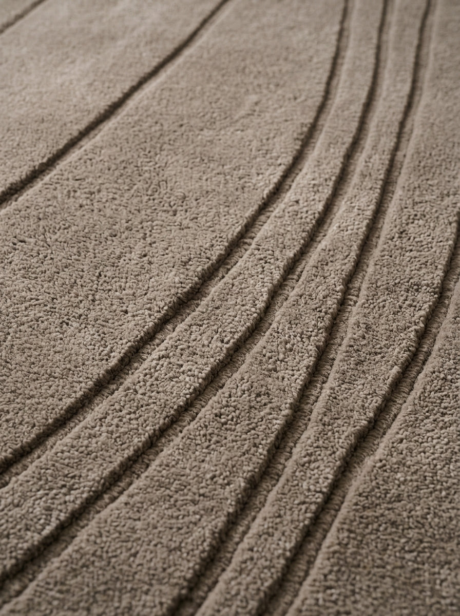 Taupe Wavy Line Runner Rug in plush wool with tone-on-tone carved flowing lines and raised textured channels