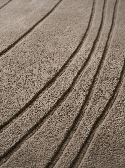 Taupe Wavy Line Runner Rug in plush wool with tone-on-tone carved flowing lines and raised textured channels