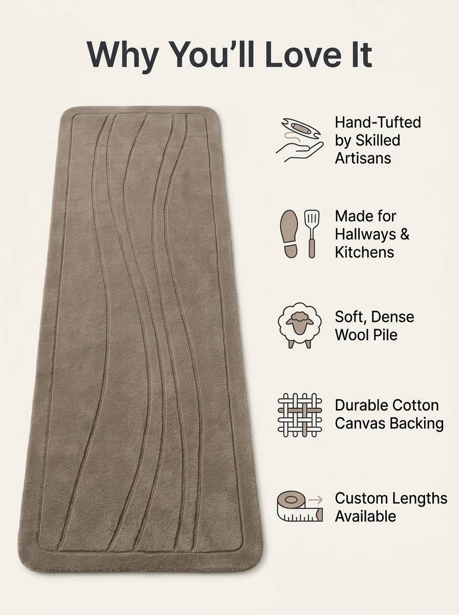 Taupe Wavy Line Runner Rug in a soft taupe tone with carved flowing lines, rounded corners and a border