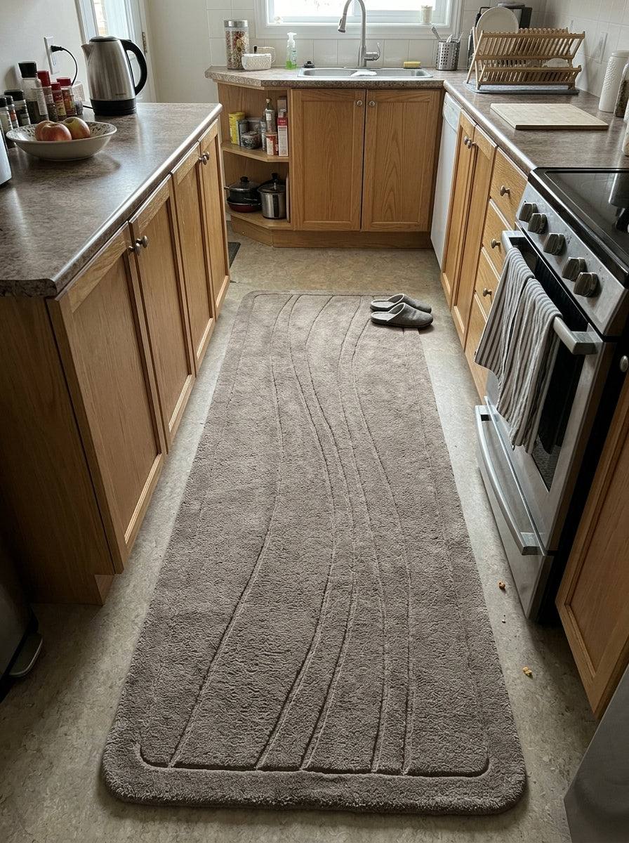 Taupe Wavy Line Runner Rug in soft taupe wool, with carved flowing lines, rounded corners and a smooth border