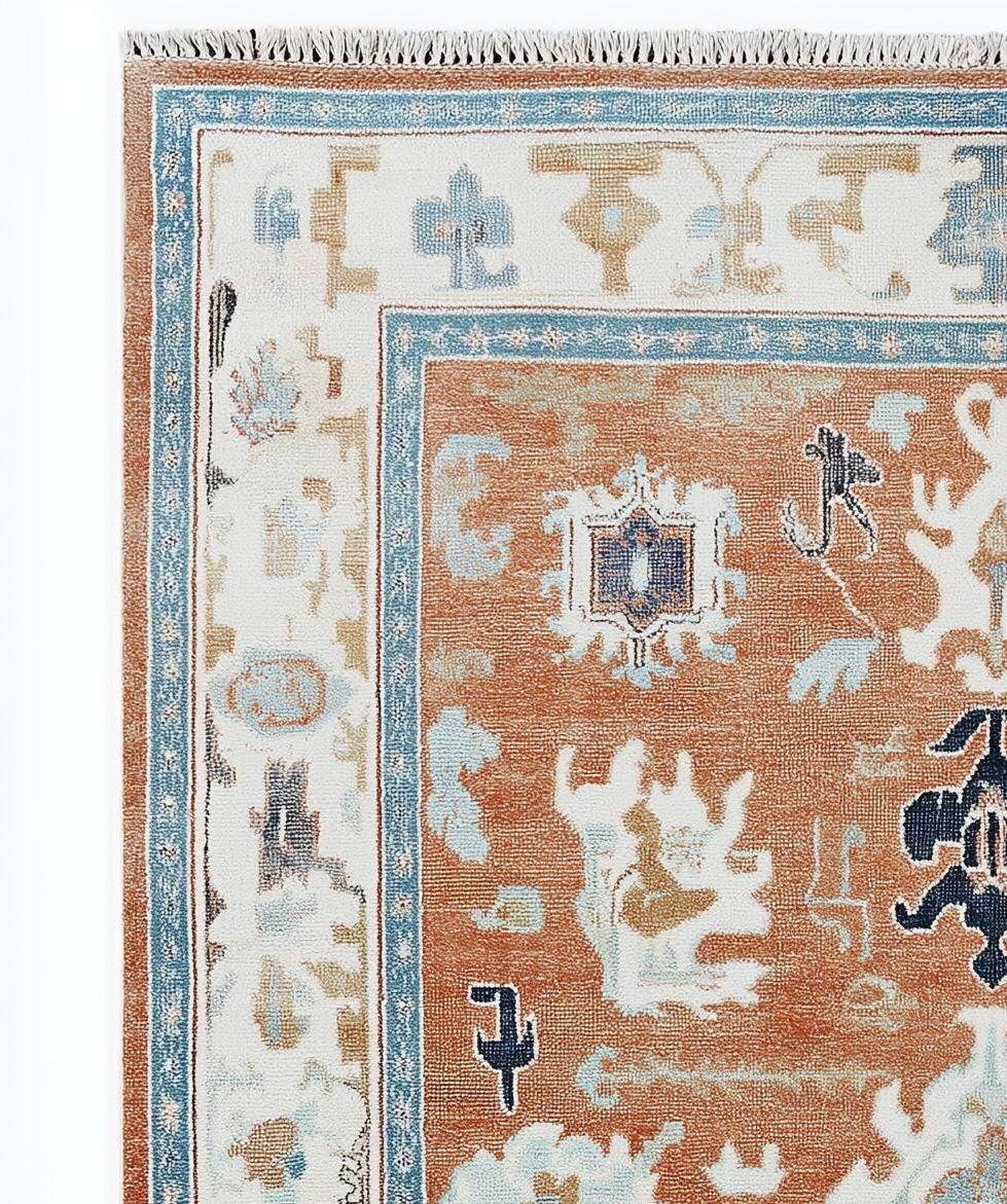 Terracotta Oushak Rug with geometric medallions in wool for Southwestern Boho decor