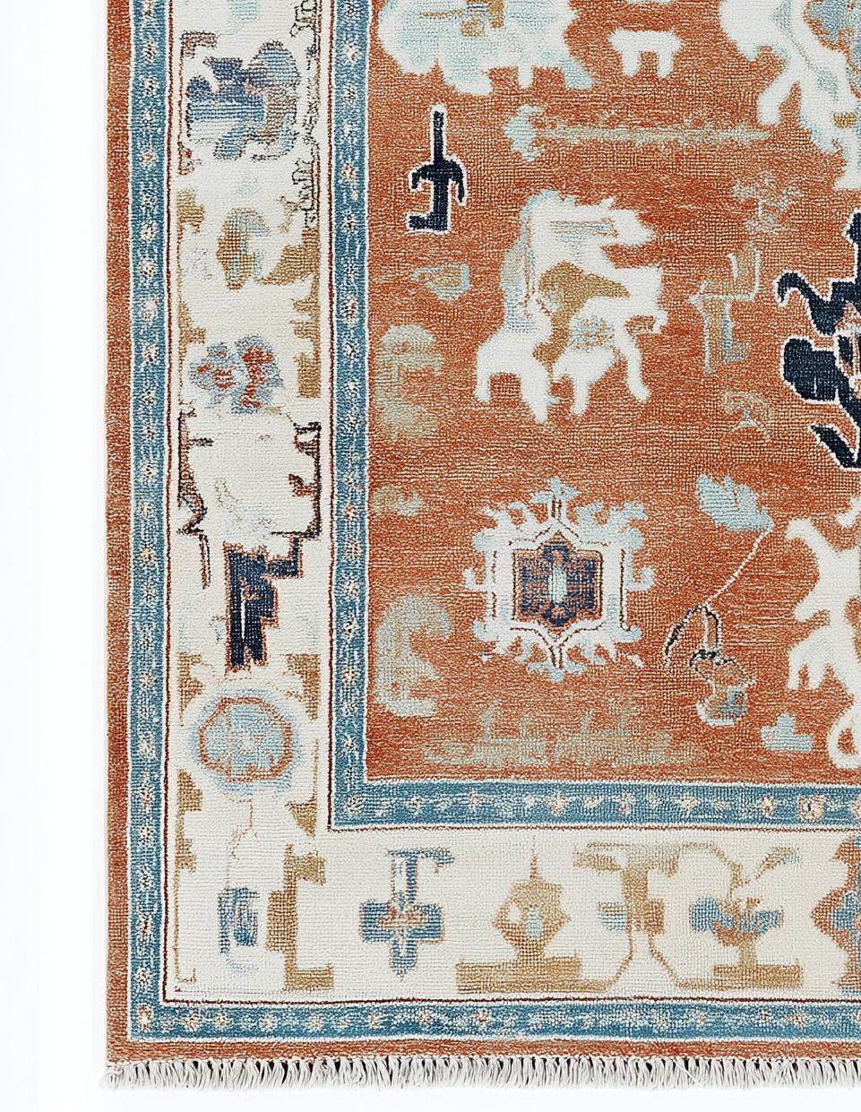 Hand-tufted terracotta Oushak rug with bold geometric Southwestern design in wool for boho decor