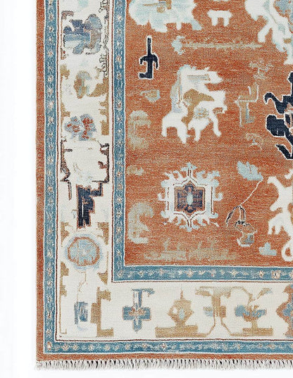 Hand-tufted terracotta Oushak rug with bold geometric Southwestern design in wool for boho decor