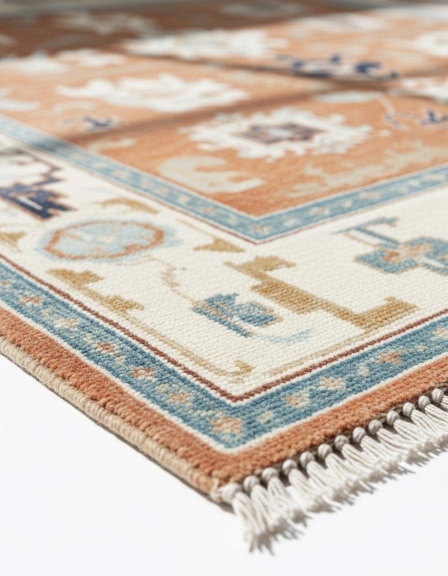 Terracotta Oushak rug with geometric tribal medallions in rust orange, navy, and cream tones, hand-tufted wool for Southwestern boho decor